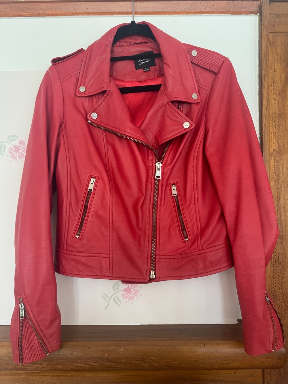 Lamarque Red Leather Moto Jacket with Asymmetrical Zip